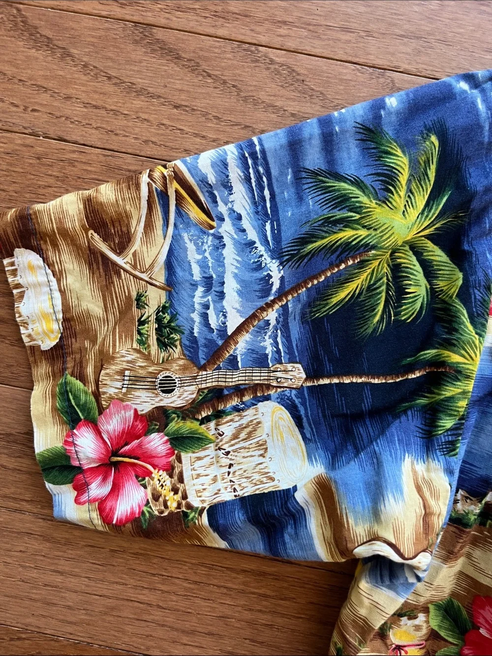 Vintage Boys Blue Tropical Hawaiian Button-Down Shirt with Floral Print